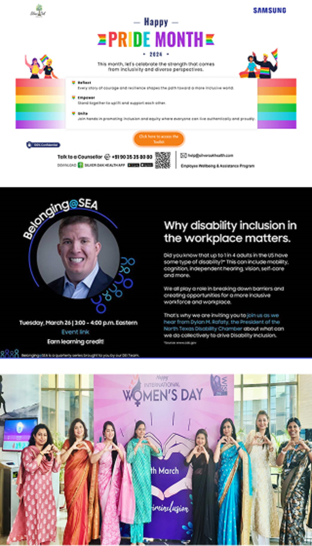 Three images showing Samsung Electronics’ Employee Resource Group (ERG) activities related to diversity and inclusion. From left to right: ① a poster celebrating Pride Month 2024, ② an event poster for a lecture on the importance of disability inclusion in the workplace, and ③ employees dressed in traditional sarees posing in front of a photo zone for International Women's Day.